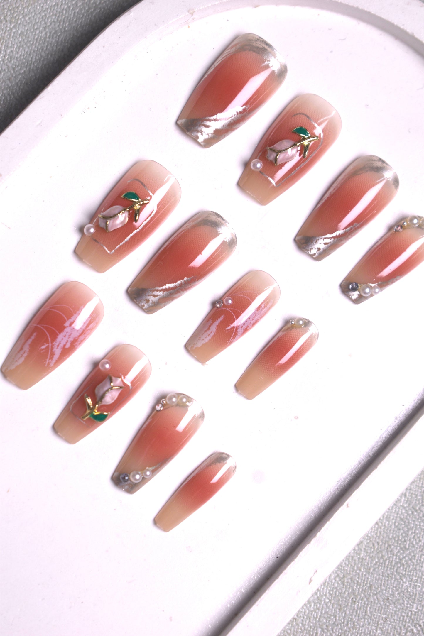 Ballerina Press-on Nails with Delicate Rose and Pearl Accents!