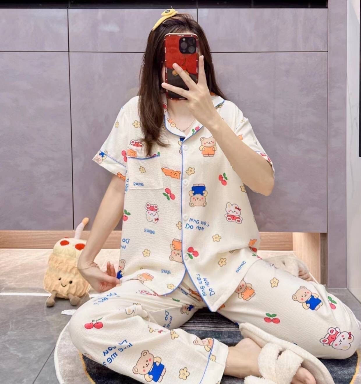 Bear & Cherry Print Pajama Set.