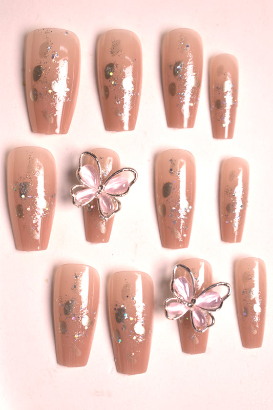 Elegant Ballerina Press On Nails with Sparkling Butterfly Accents